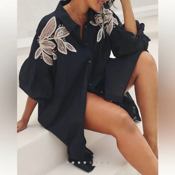 Anthro Embroidered Black Cover Up Dress Cotton Oversized Boho Beach - Picture 3 of 16